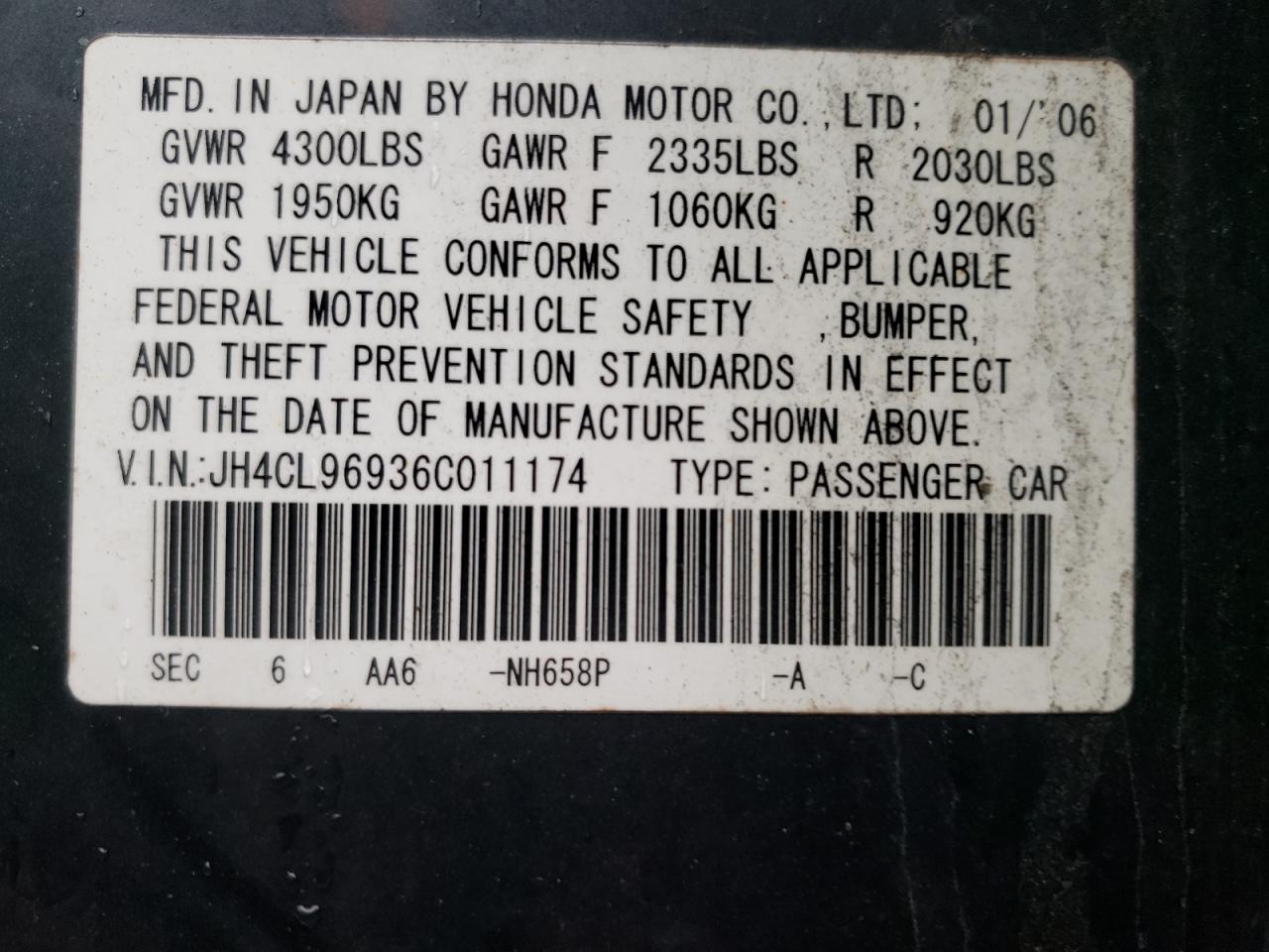 Photo 10 from auction – 2006 ACURA TSX with VIN JH4CL96936C011174