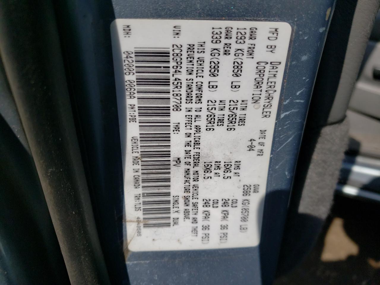 Photo 10 from auction – 2005 CHRYSLER TOWN & COU with VIN 2C8GP64L45R187708