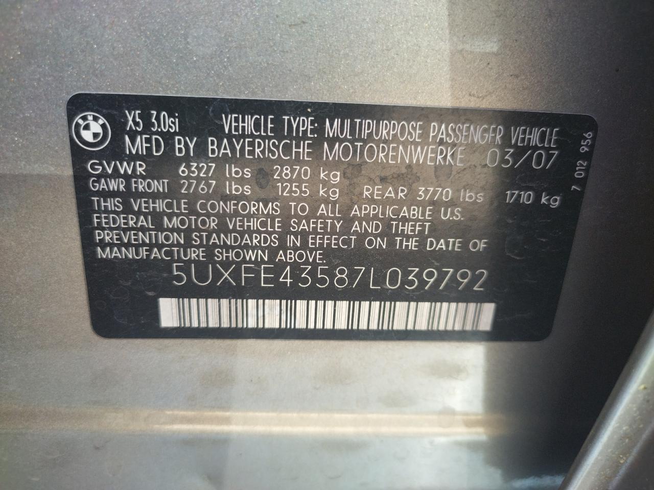 Photo 10 from auction – 2007 BMW X5 3.0I with VIN 5UXFE43587L039792