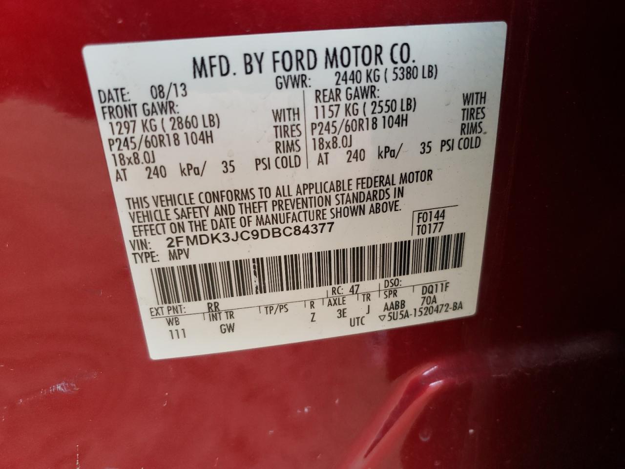 Photo 10 from auction – 2013 FORD EDGE SEL with VIN 2FMDK3JC9DBC84377