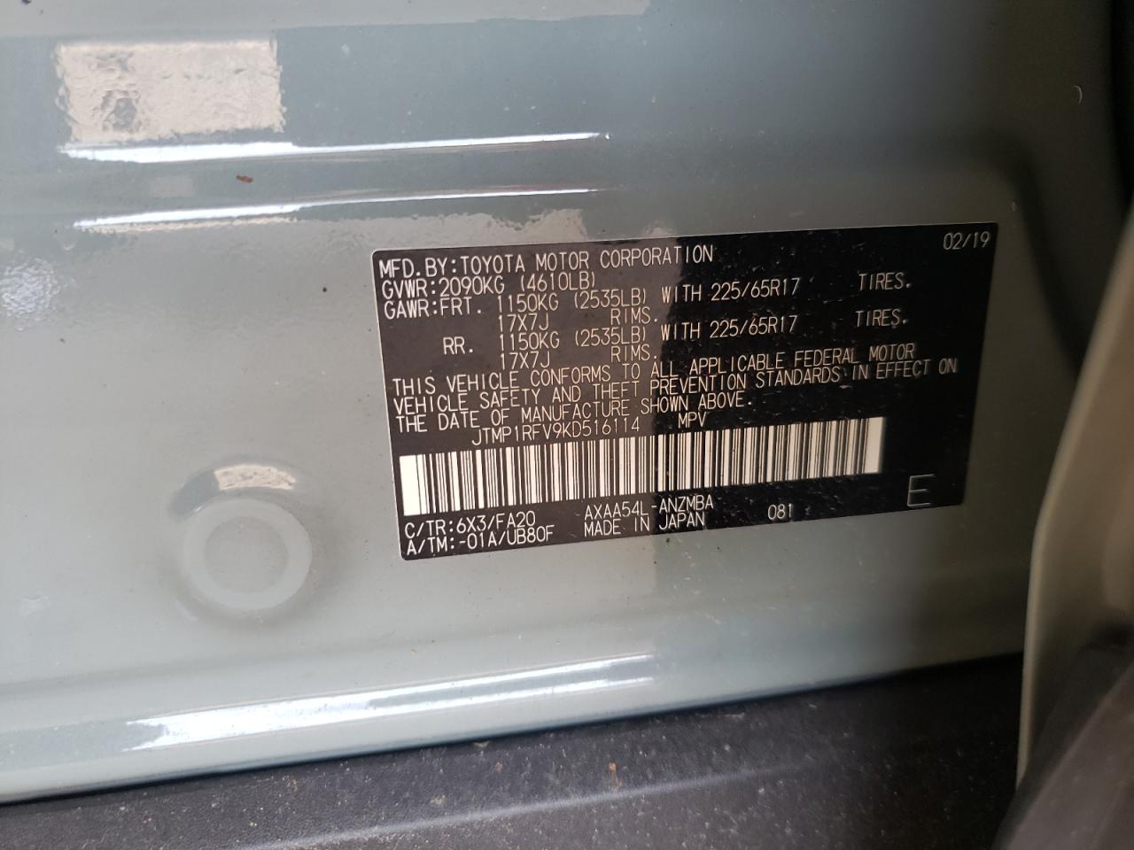 Photo 10 from auction – 2019 TOYOTA RAV4 XLE with VIN JTMP1RFV9KD516114