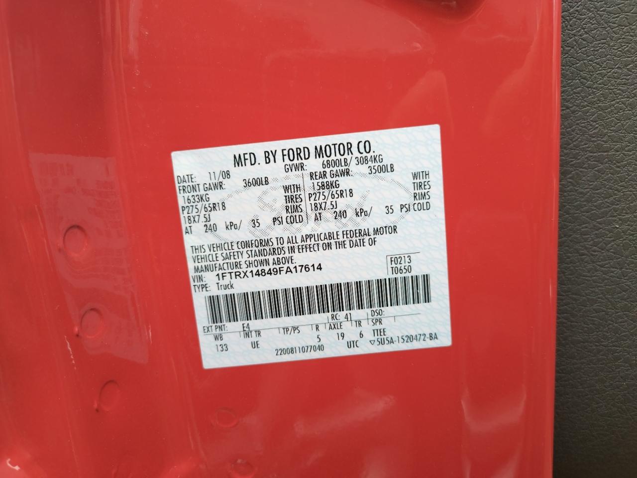 Photo 10 from auction – 2009 FORD F150 SUPER with VIN 1FTRX14849FA17614