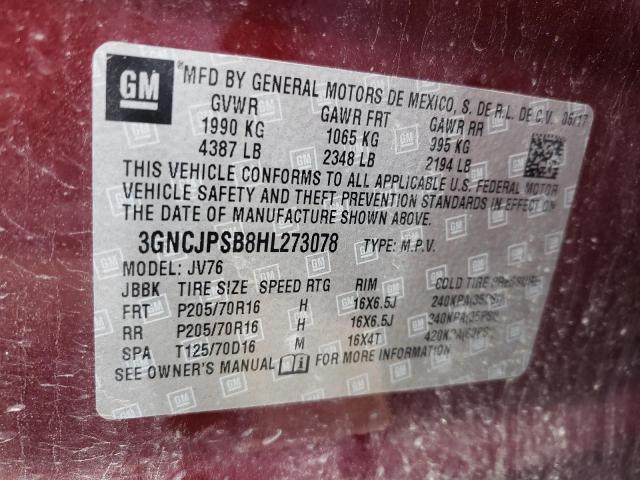 Photo 10 from auction – 2017 CHEVROLET TRAX 1LT with VIN 3GNCJPSB8HL273078
