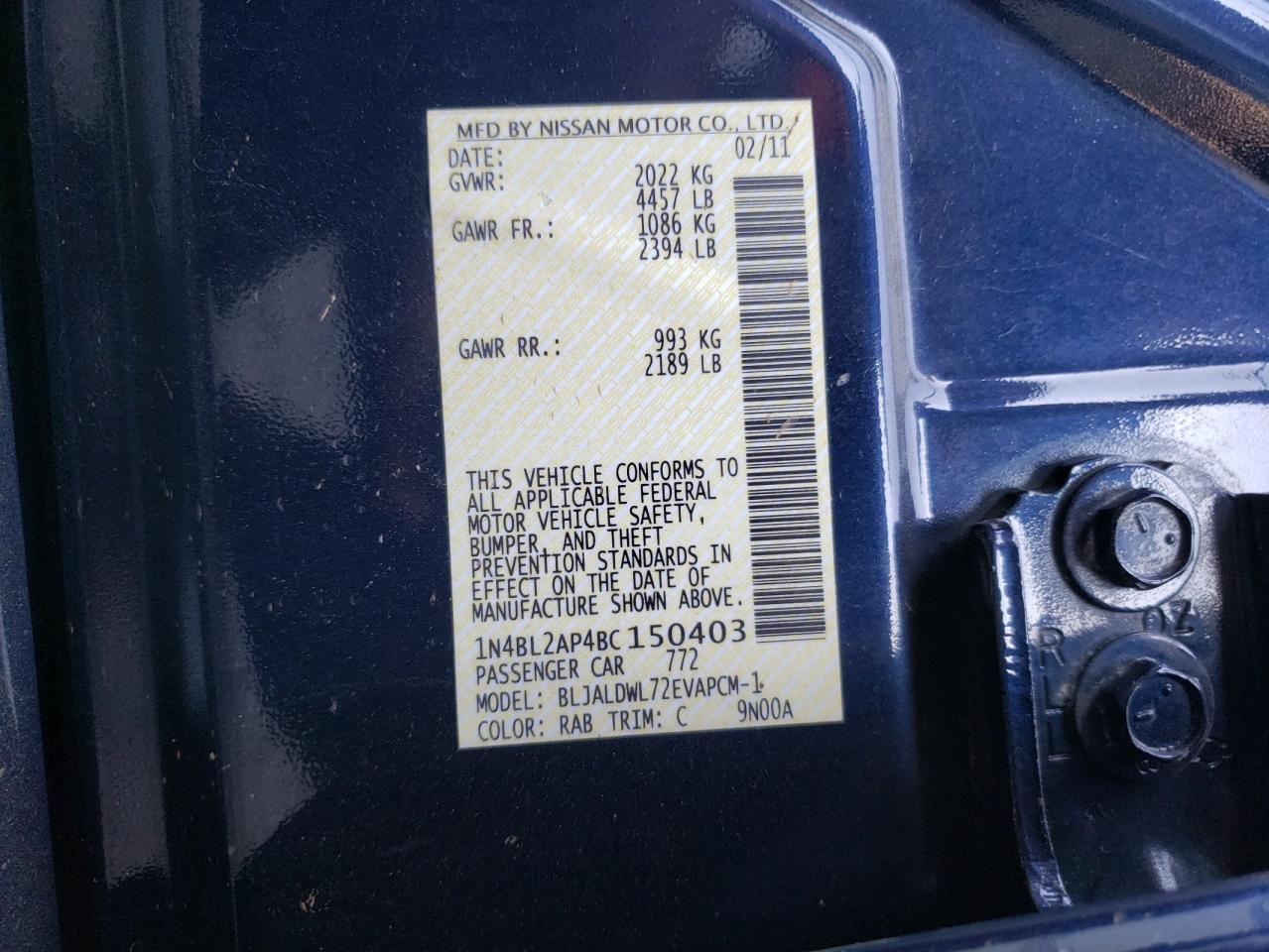 Photo 10 from auction – 2011 NISSAN ALTIMA SR with VIN 1N4BL2AP4BC150403