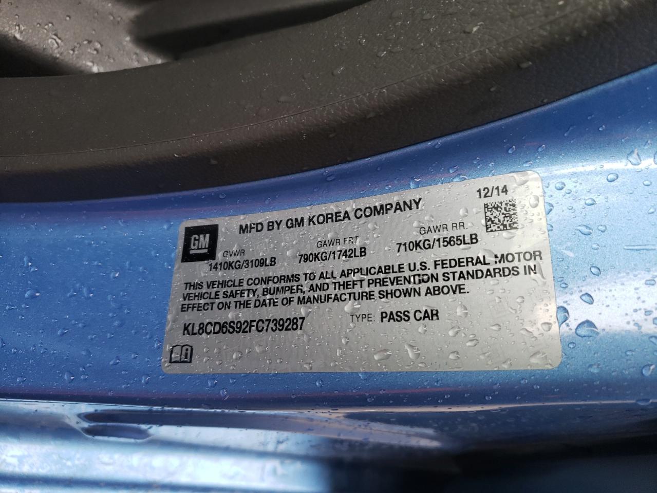 Photo 10 from auction – 2015 CHEVROLET SPARK 1LT with VIN KL8CD6S92FC739287