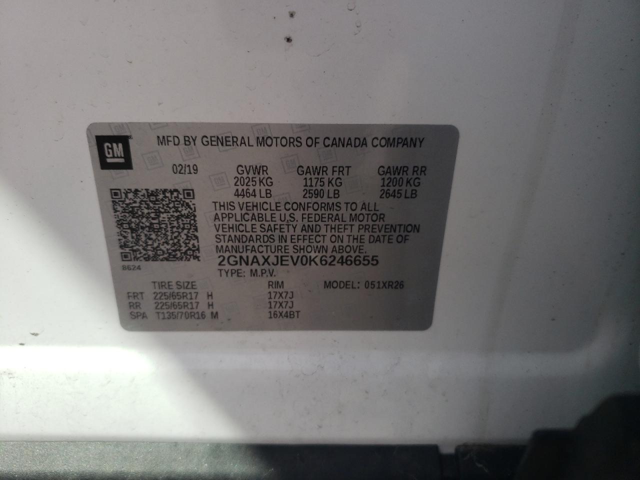 Photo 10 from auction – 2019 CHEVROLET EQUINOX LT with VIN 2GNAXJEV0K6246655
