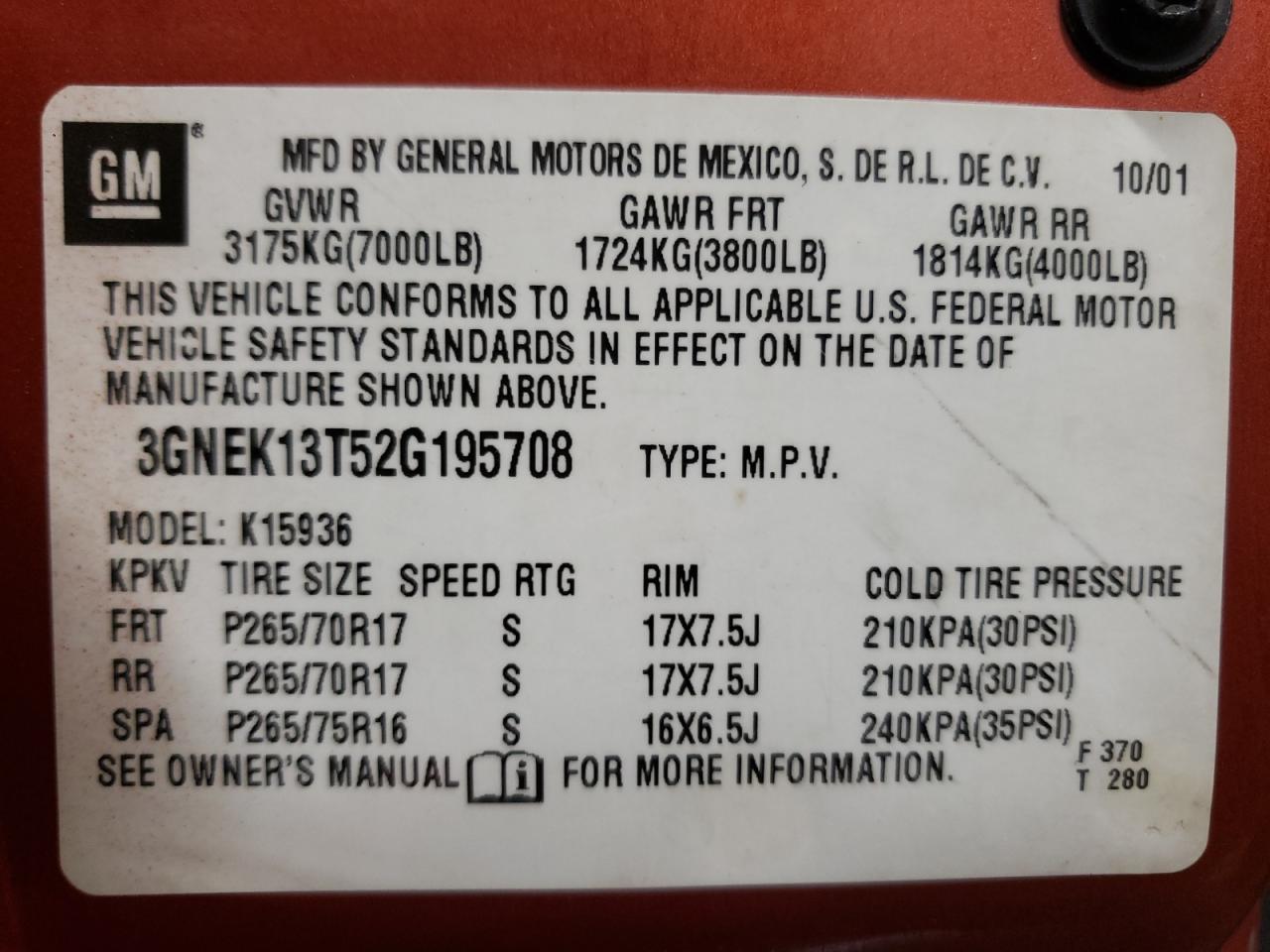 Photo 10 from auction – 2002 CHEVROLET AVALANCHE with VIN 3GNEK13T52G195708