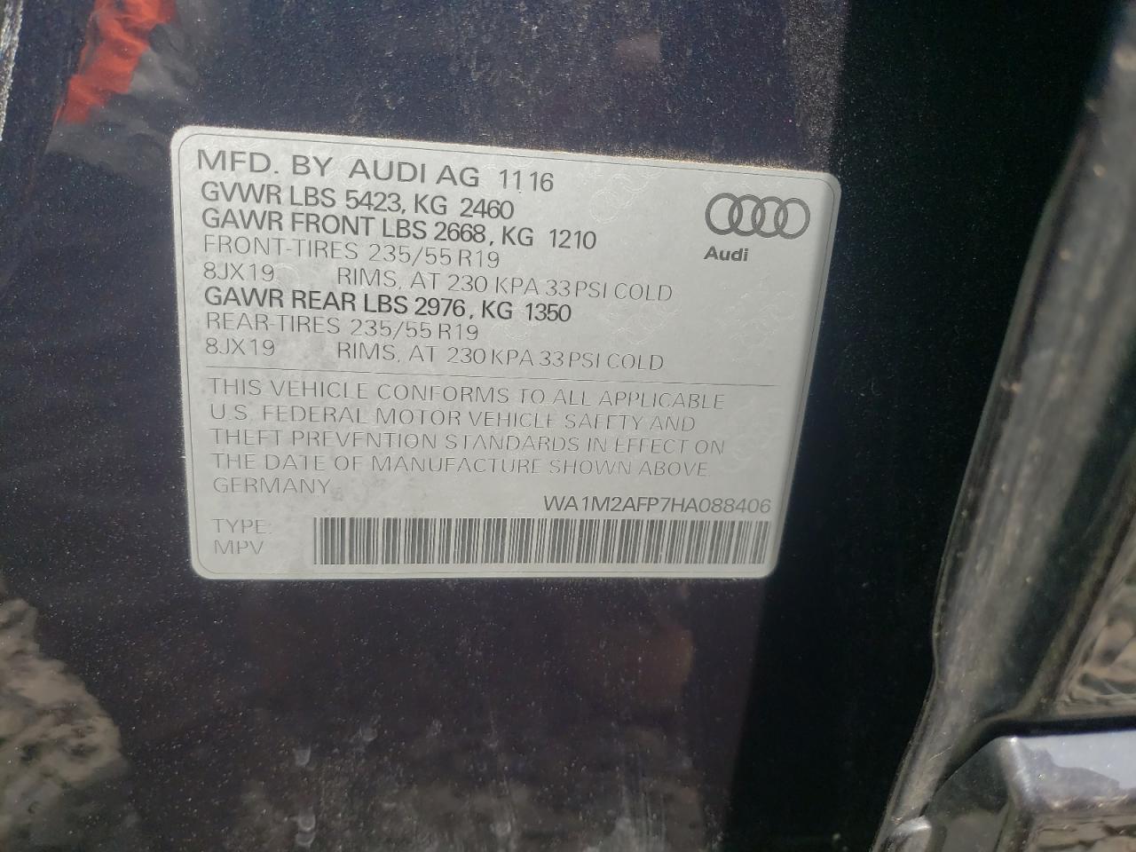 Photo 10 from auction – 2017 AUDI Q5 PREMIUM with VIN WA1M2AFP7HA088406