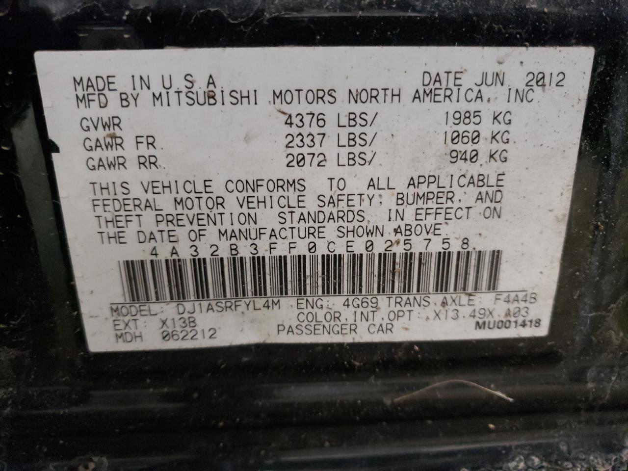 Photo 10 from auction – 2012 MITSUBISHI GALANT ES with VIN 4A32B3FF0CE025758