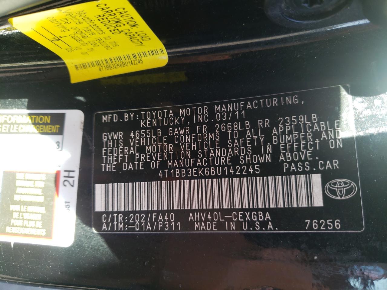 Photo 10 from auction – 2011 TOYOTA CAMRY HYBR with VIN 4T1BB3EK6BU142245