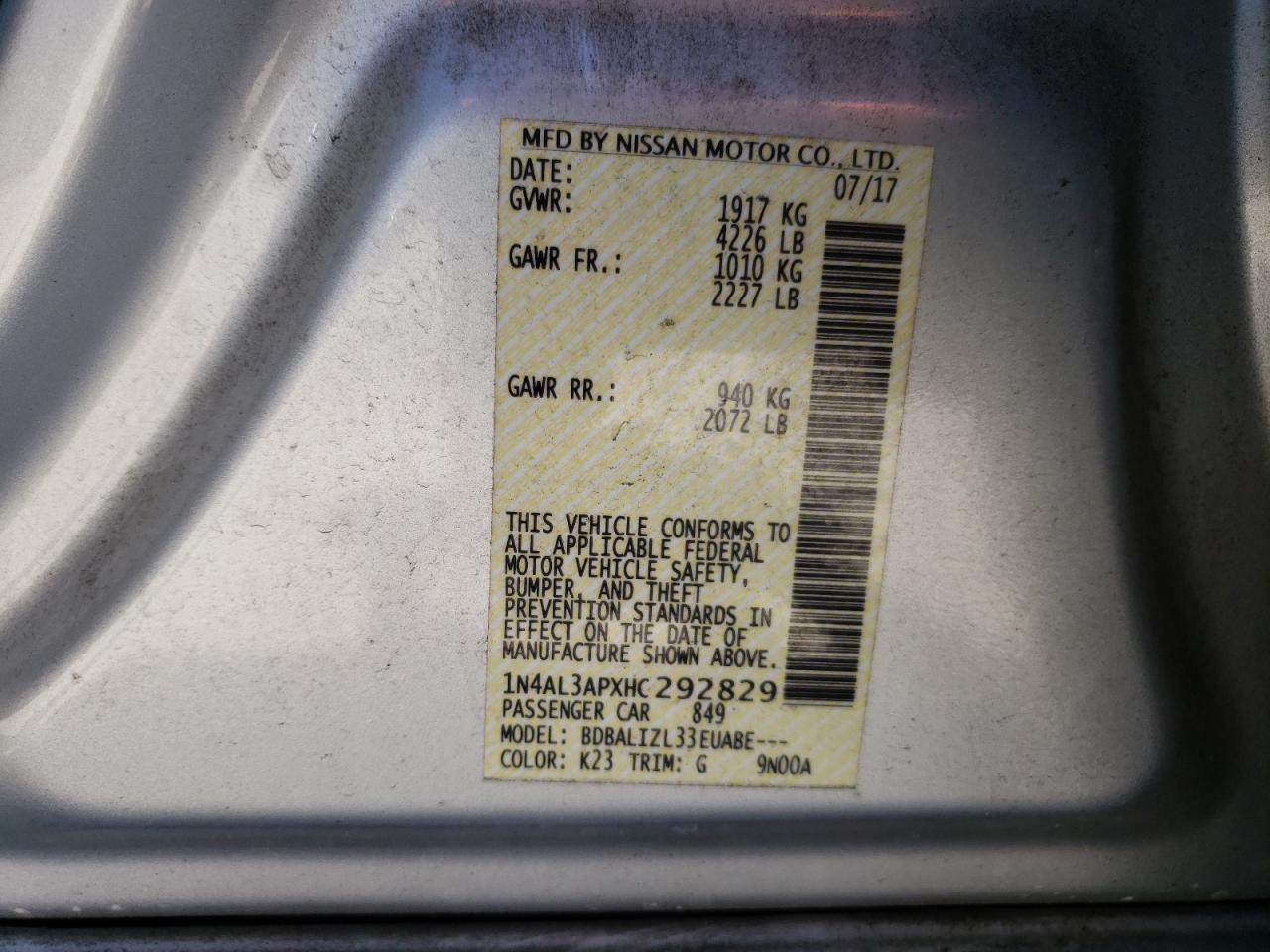 Photo 10 from auction – 2017 NISSAN ALTIMA 2.5 with VIN 1N4AL3APXHC292829