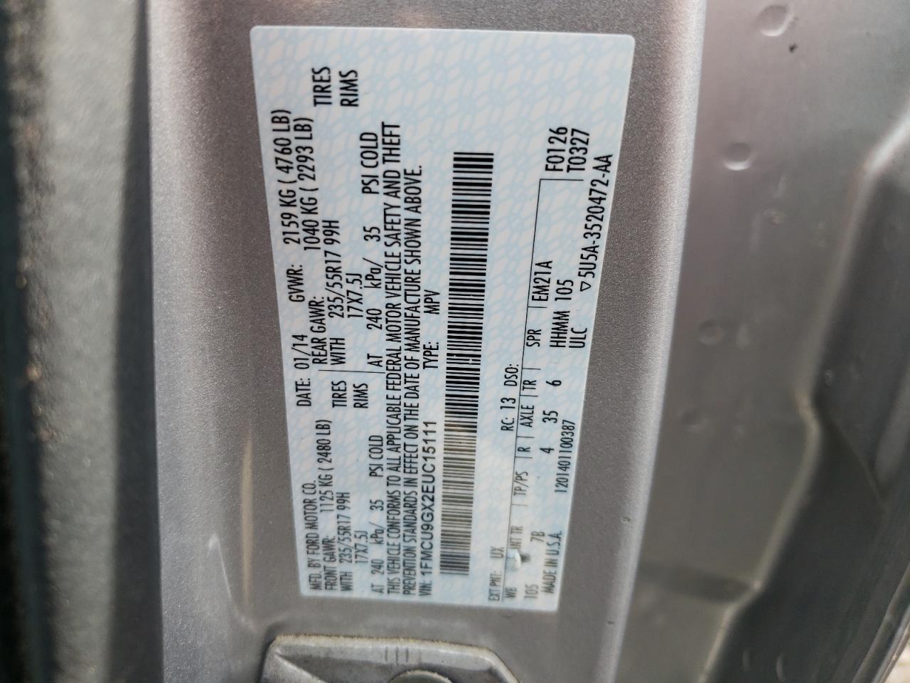 Photo 10 from auction – 2014 FORD ESCAPE SE with VIN 1FMCU9GX2EUC15111