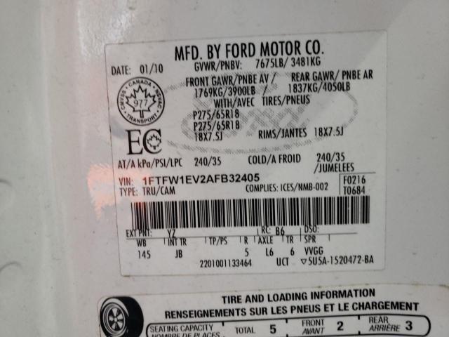 Photo 10 from auction – 2010 FORD F150 SUPER with VIN 1FTFW1EV2AFB32405