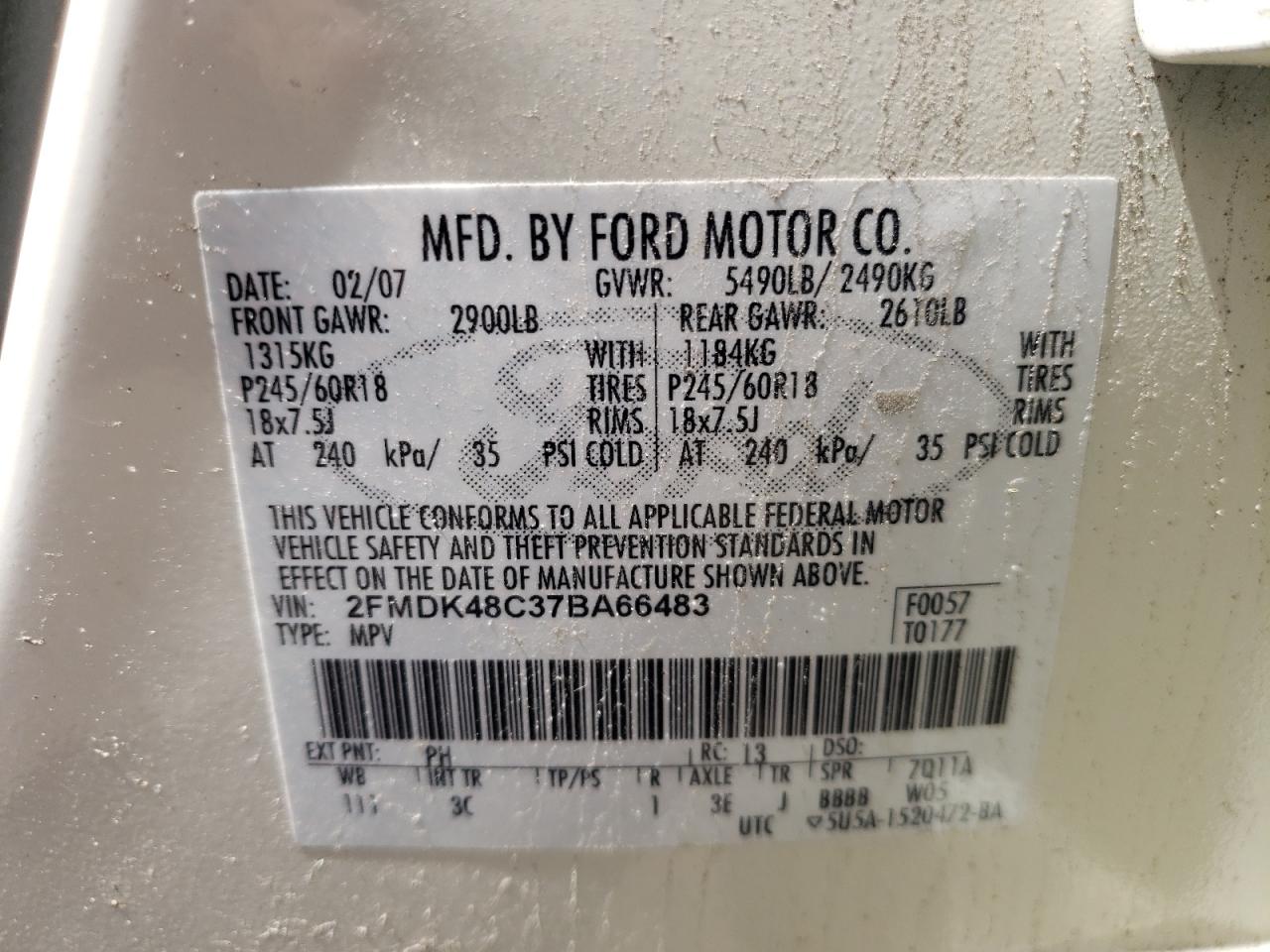 Photo 10 from auction – 2007 FORD EDGE with VIN 2FMDK48C37BA66483