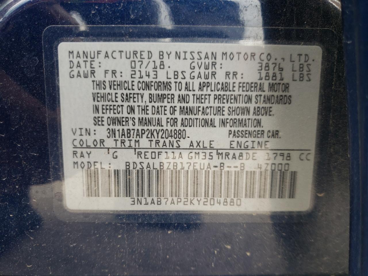Photo 10 from auction – 2019 NISSAN SENTRA S with VIN 3N1AB7AP2KY204880