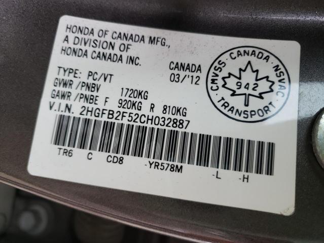 Photo 10 from auction – 2012 HONDA CIVIC LX with VIN 2HGFB2F52CH032887