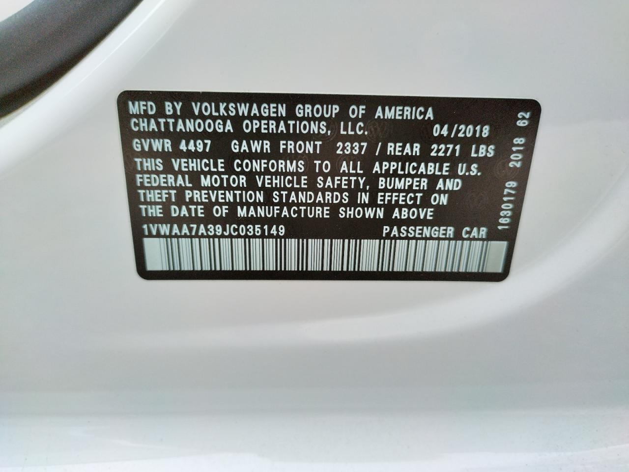 Photo 10 from auction – 2018 VOLKSWAGEN PASSAT S with VIN 1VWAA7A39JC035149