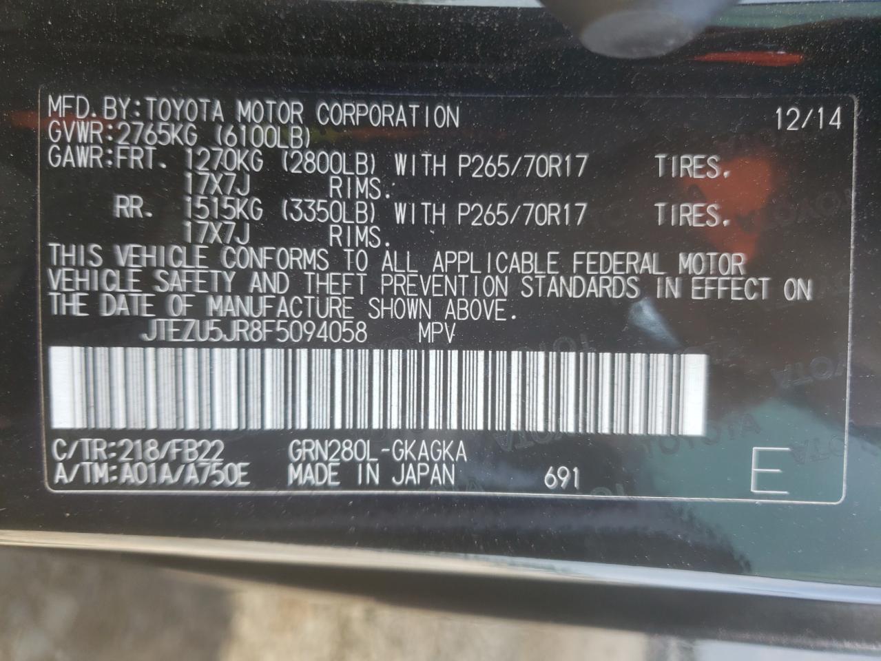 Photo 10 from auction – 2015 TOYOTA 4RUNNER SR with VIN JTEZU5JR8F5094058