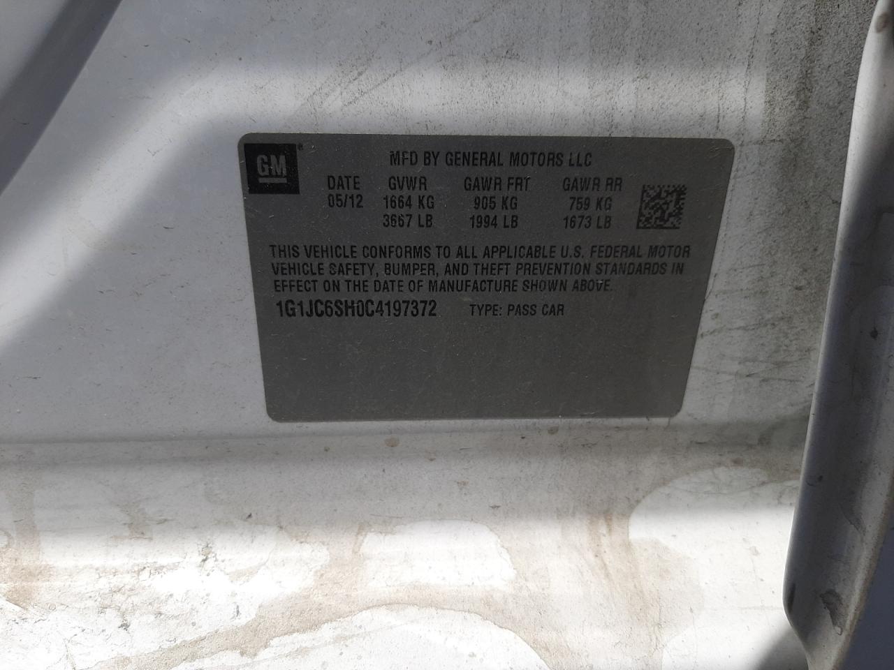 Photo 10 from auction – 2012 CHEVROLET SONIC LT with VIN 1G1JC6SH0C4197372