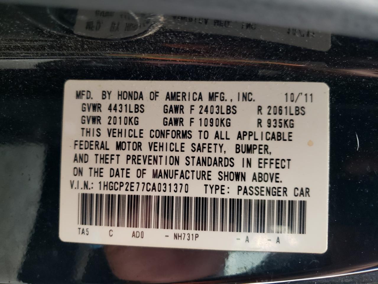 Photo 10 from auction – 2012 HONDA ACCORD EX with VIN 1HGCP2E77CA031370