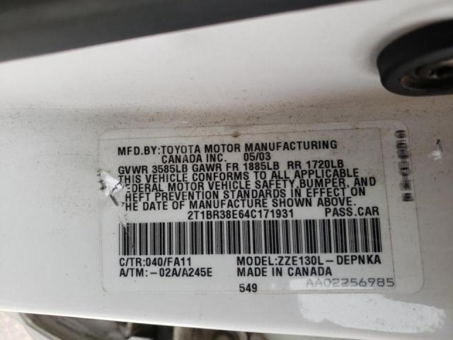 Photo 10 from auction – 2004 TOYOTA COROLLA CE with VIN 2T1BR38E64C171931
