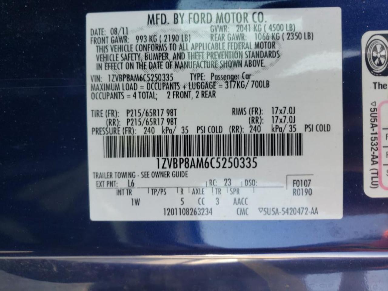 Photo 10 from auction – 2012 FORD MUSTANG with VIN 1ZVBP8AM6C5250335