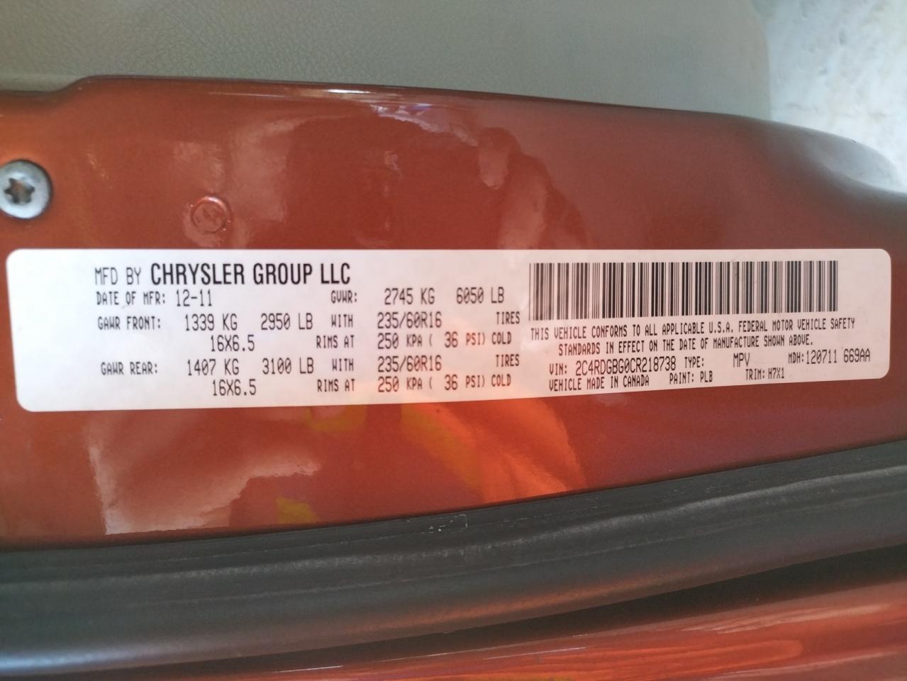 Photo 10 from auction – 2012 DODGE GRAND CARA with VIN 2C4RDGBG0CR218738