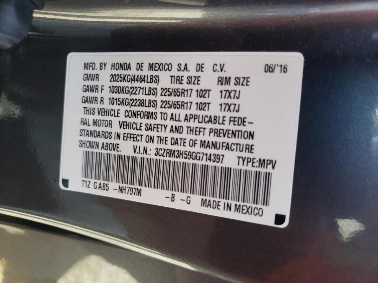 Photo 10 from auction – 2016 HONDA CR-V EX with VIN 3CZRM3H59GG714397