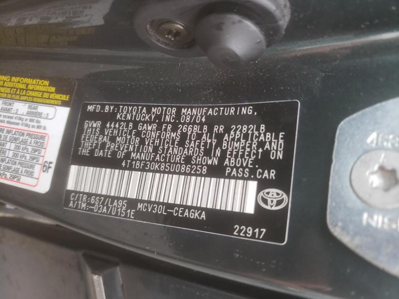 Photo 10 from auction – 2005 TOYOTA CAMRY LE with VIN 4T1BF30K85U086258