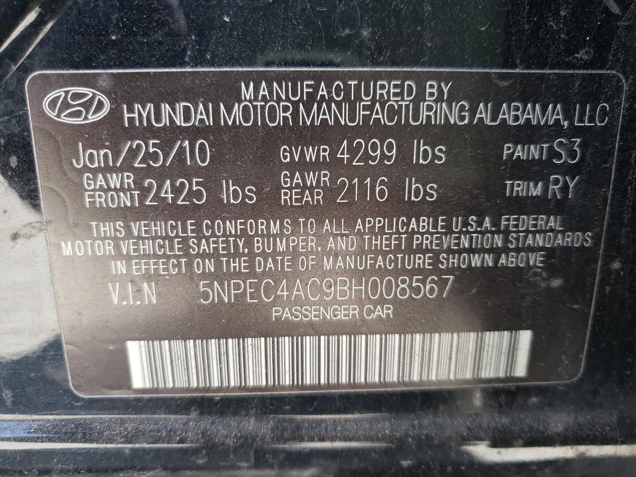 Photo 10 from auction – 2011 HYUNDAI SONATA with VIN 5NPEC4AC9BH008567