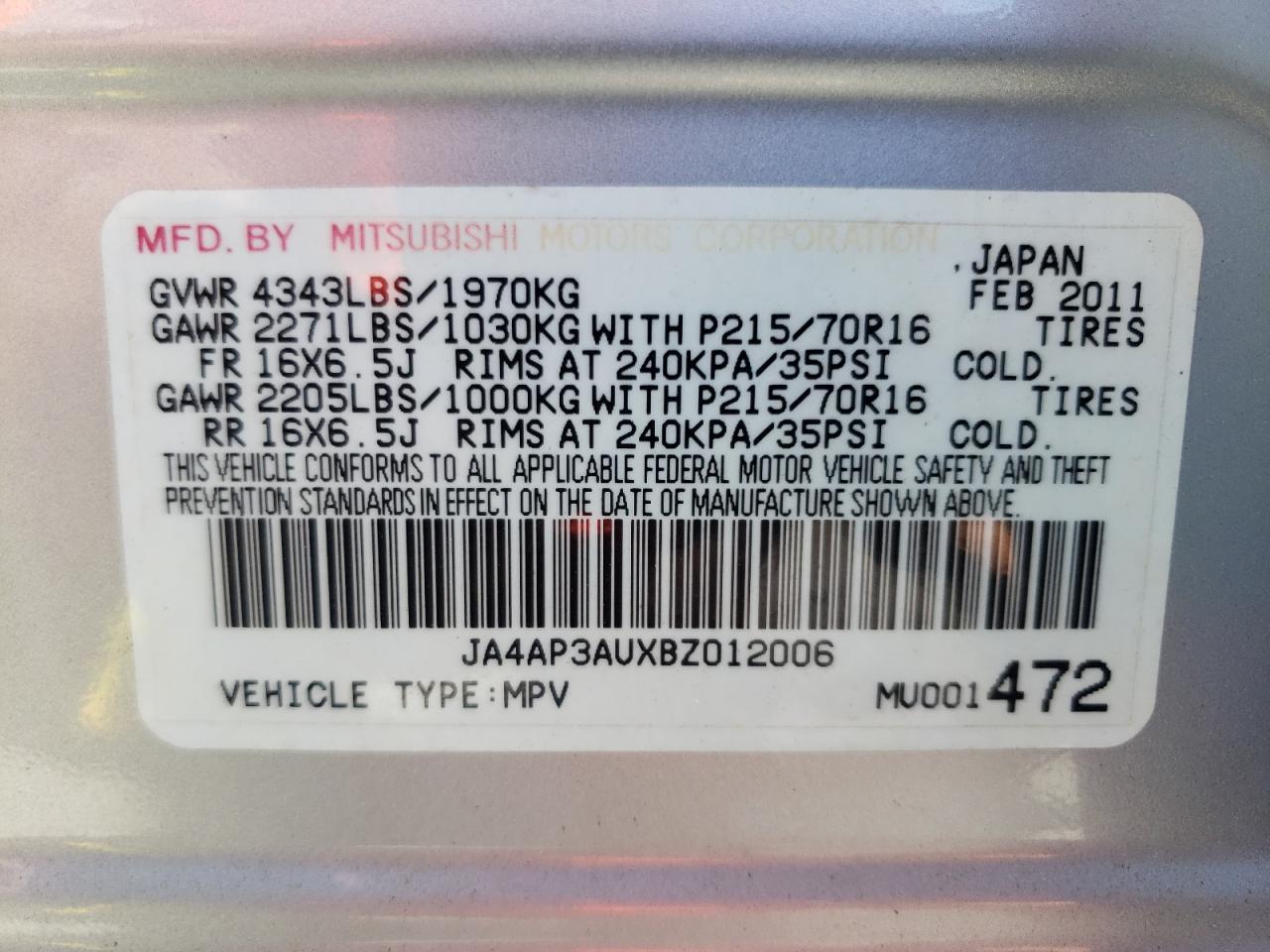 Photo 10 from auction – 2011 MITSUBISHI OUTLANDER with VIN JA4AP3AUXBZ012006