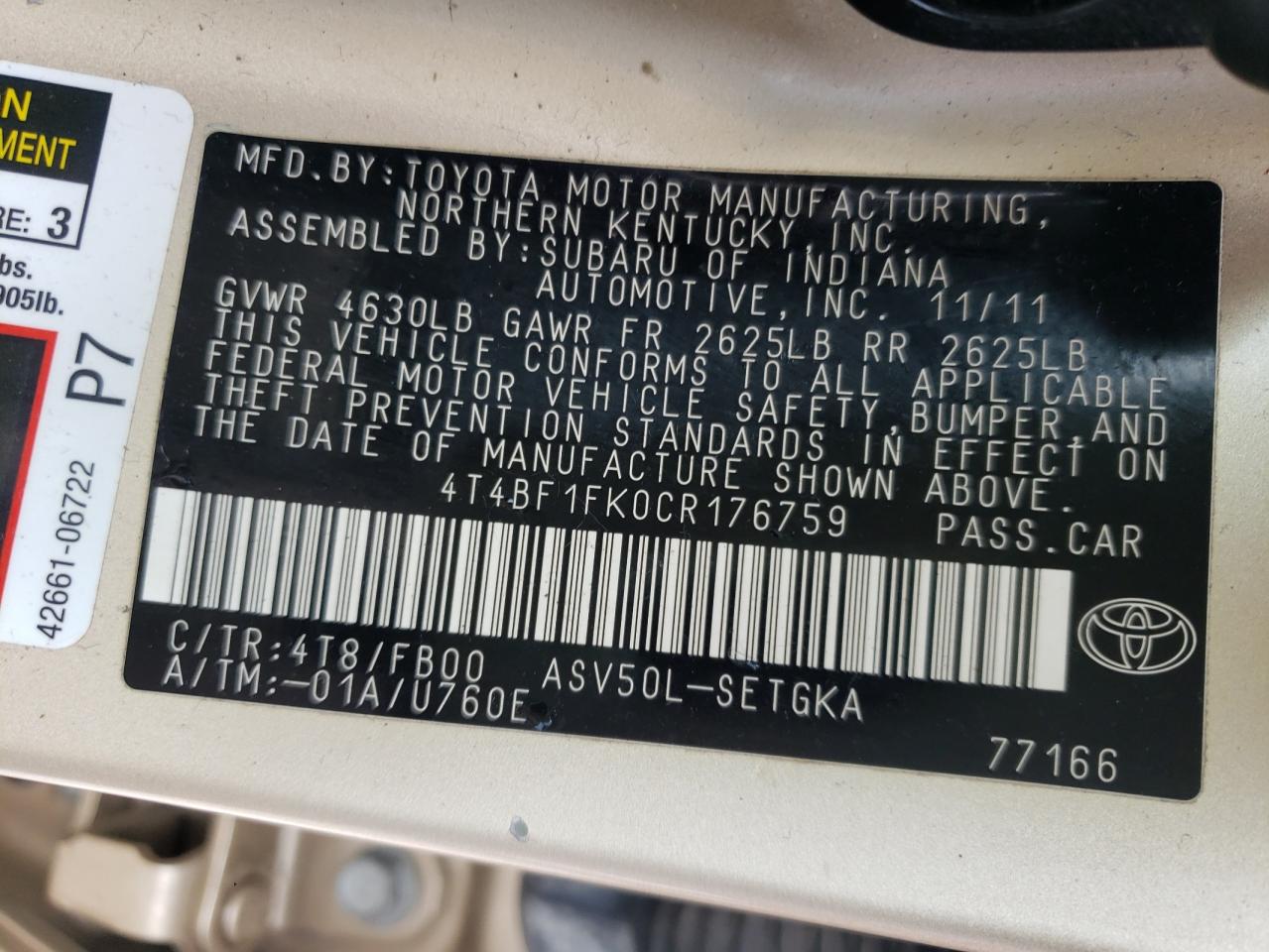 Photo 10 from auction – 2012 TOYOTA CAMRY BASE with VIN 4T4BF1FK0CR176759