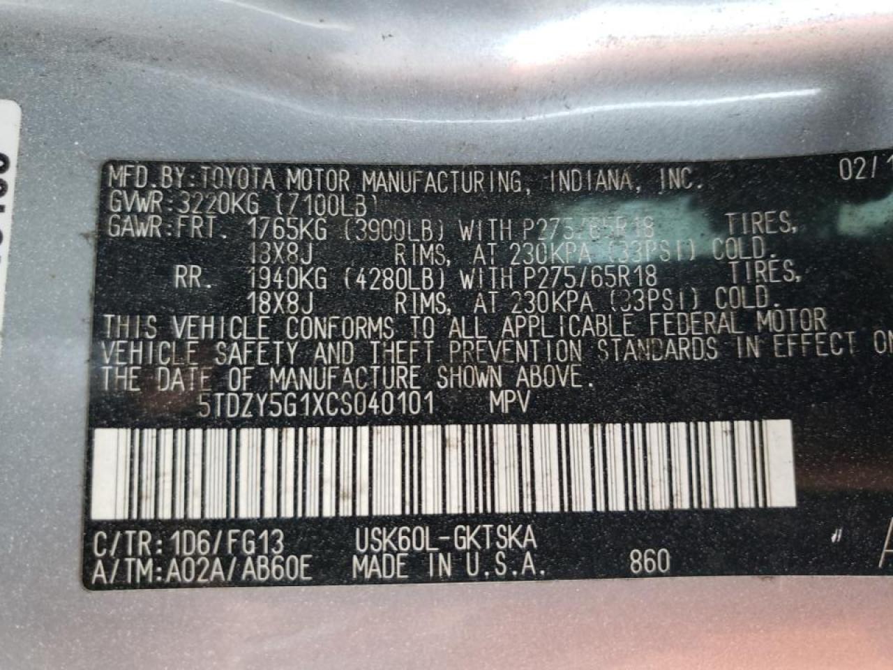 Photo 10 from auction – 2012 TOYOTA SEQUOIA SR with VIN 5TDZY5G1XCS040101