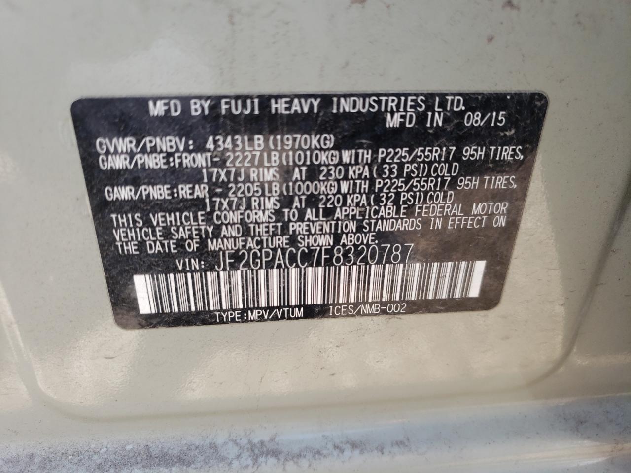 Photo 10 from auction – 2015 SUBARU XV CROSSTR with VIN JF2GPACC7F8320787
