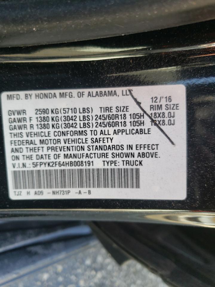 Photo 10 from auction – 2017 HONDA RIDGELINE with VIN 5FPYK2F64HB008191