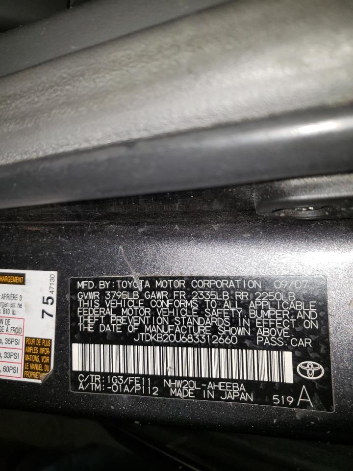 Photo 10 from auction – 2008 TOYOTA PRIUS with VIN JTDKB20U683312660