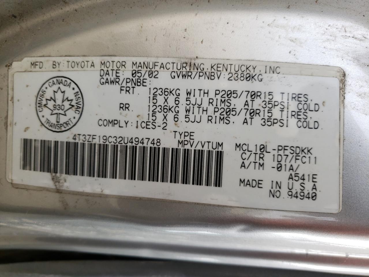 Photo 10 from auction – 2002 TOYOTA SIENNA CE with VIN 4T3ZF19C32U494748
