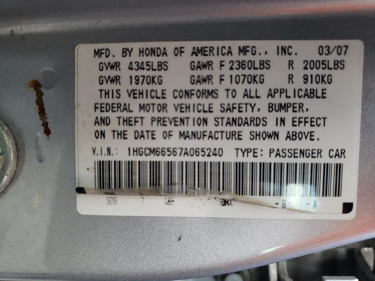 Photo 10 from auction – 2007 HONDA ACCORD EX with VIN 1HGCM66567A065240
