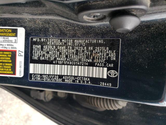 Photo 10 from auction – 2012 TOYOTA CAMRY BASE with VIN 4T1BF1FK8CU147214
