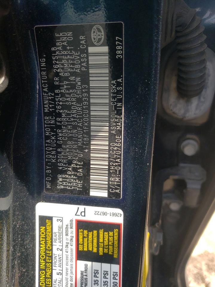 Photo 10 from auction – 2012 TOYOTA CAMRY BASE with VIN 4T1BF1FK0CU193913