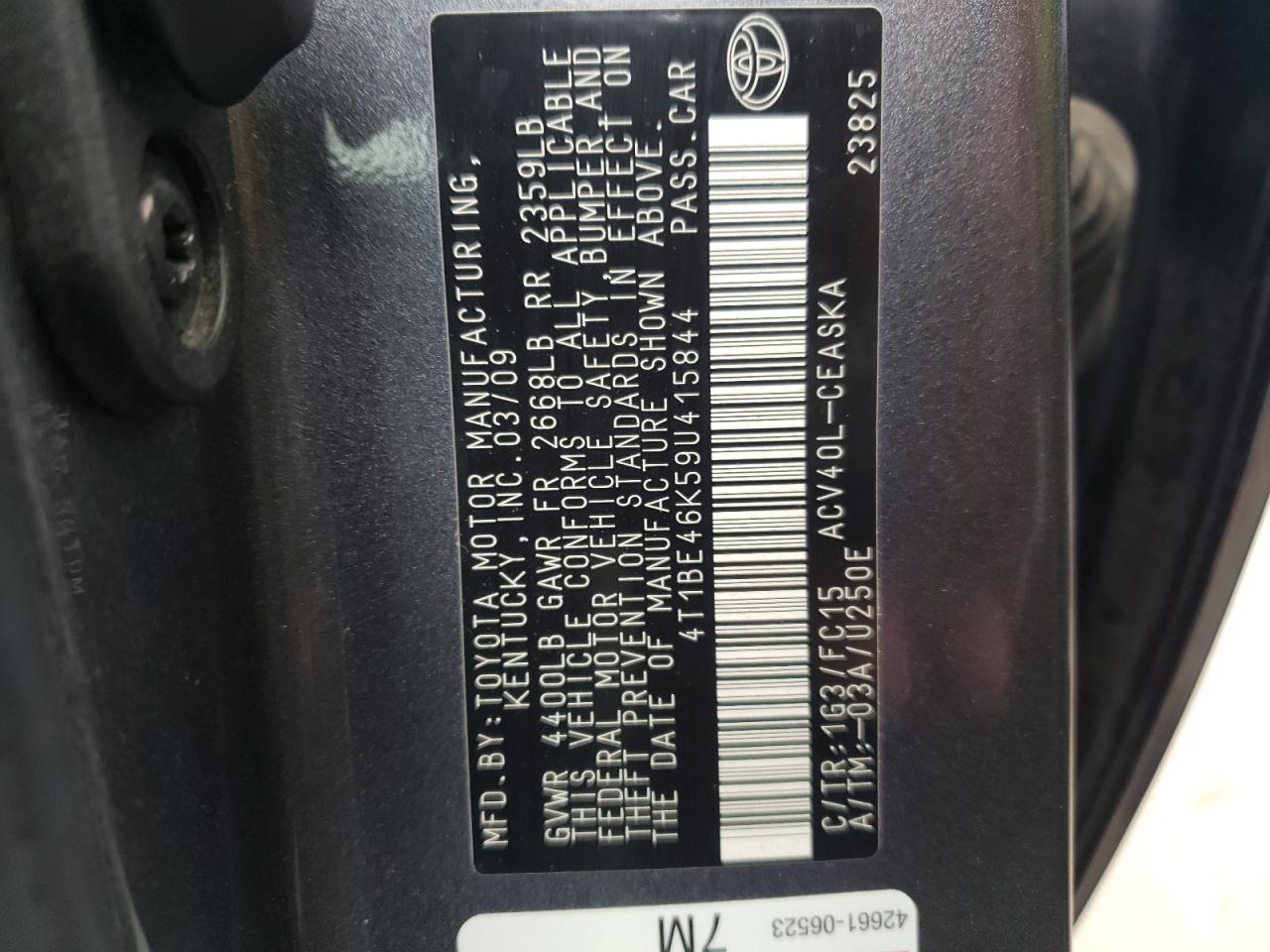 Photo 10 from auction – 2009 TOYOTA CAMRY BASE with VIN 4T1BE46K59U415844