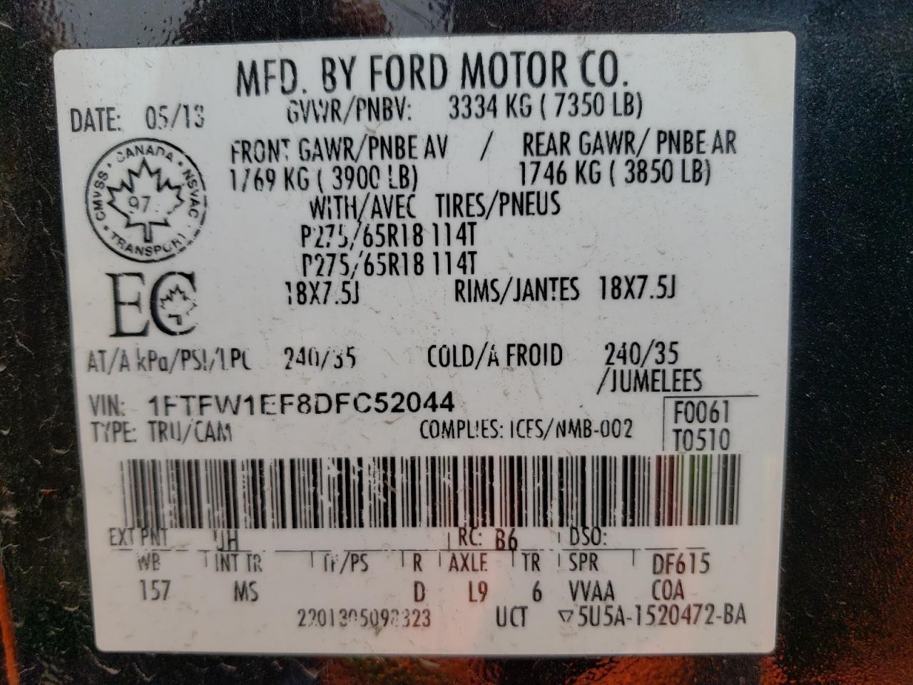 Photo 10 from auction – 2013 FORD F150 SUPER with VIN 1FTFW1EF8DFC52044