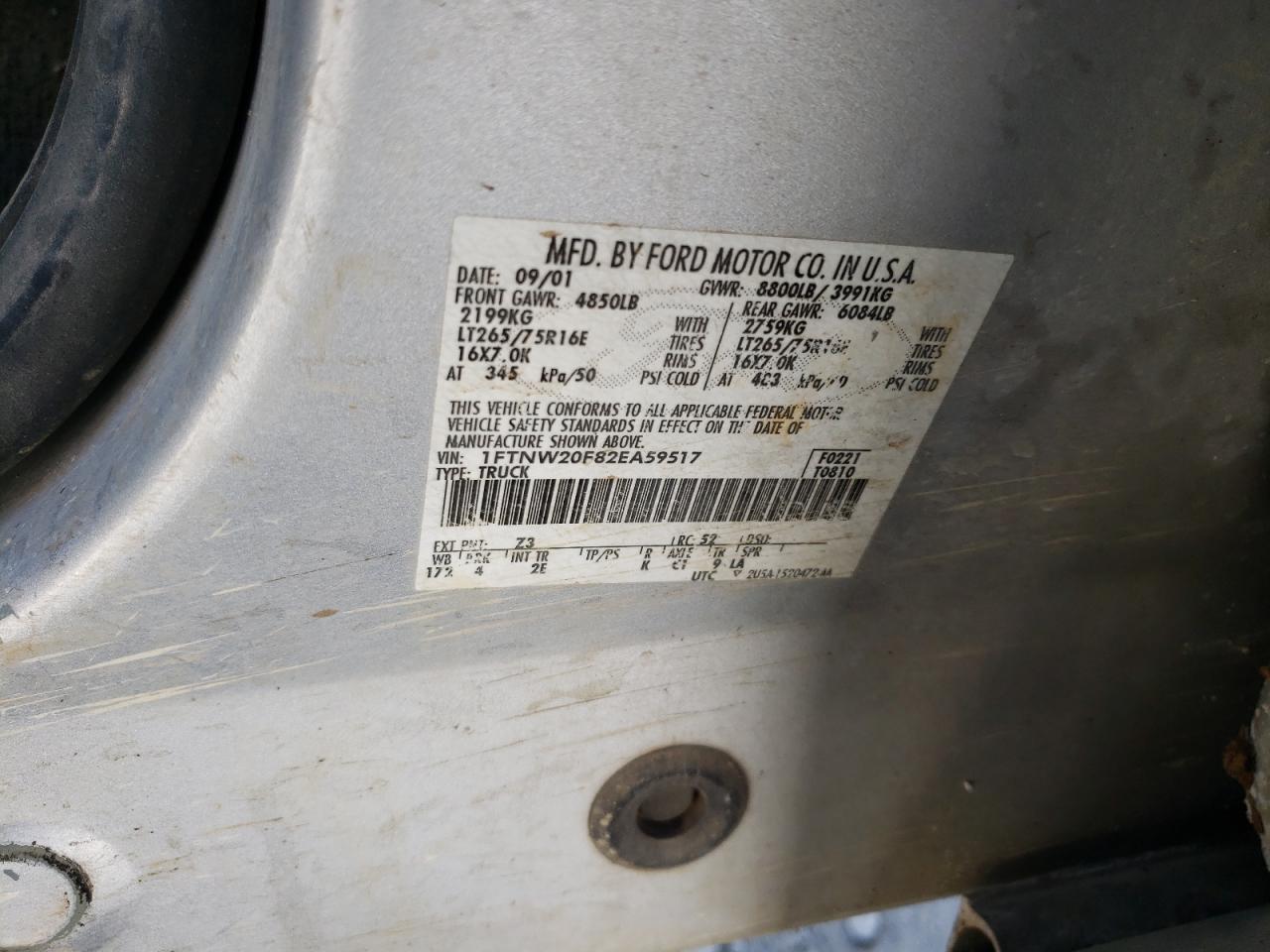 Photo 10 from auction – 2002 FORD F250 SUPER with VIN 1FTNW20F82EA59517