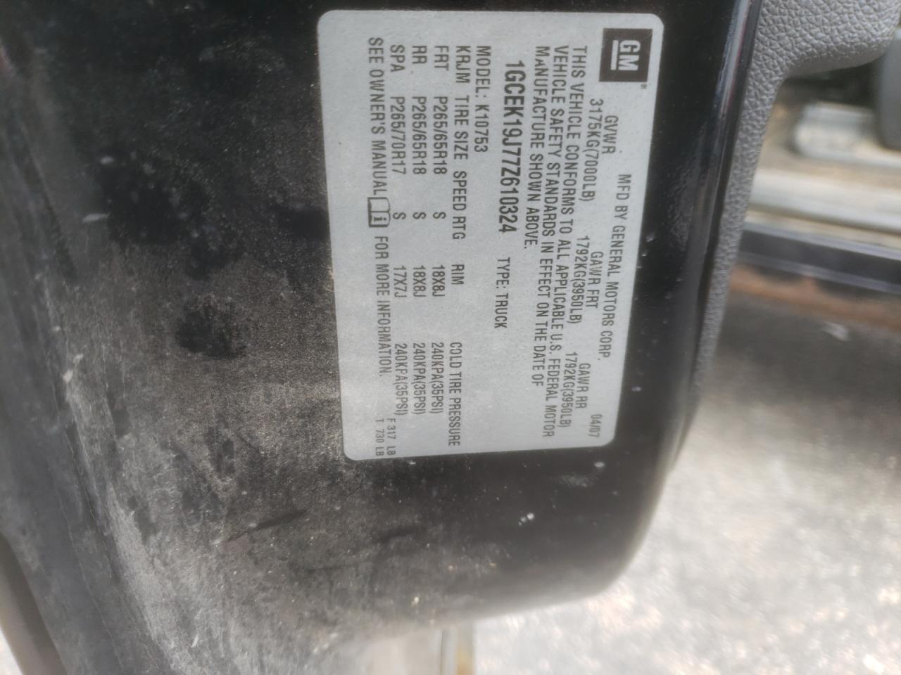 Photo 10 from auction – 2007 CHEVROLET SILVERADO with VIN 1GCEK19J77Z610324