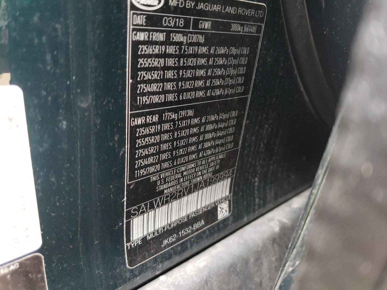 Photo 10 from auction – 2018 LAND ROVER RANGE ROVE with VIN SALWR2RV1JA199994