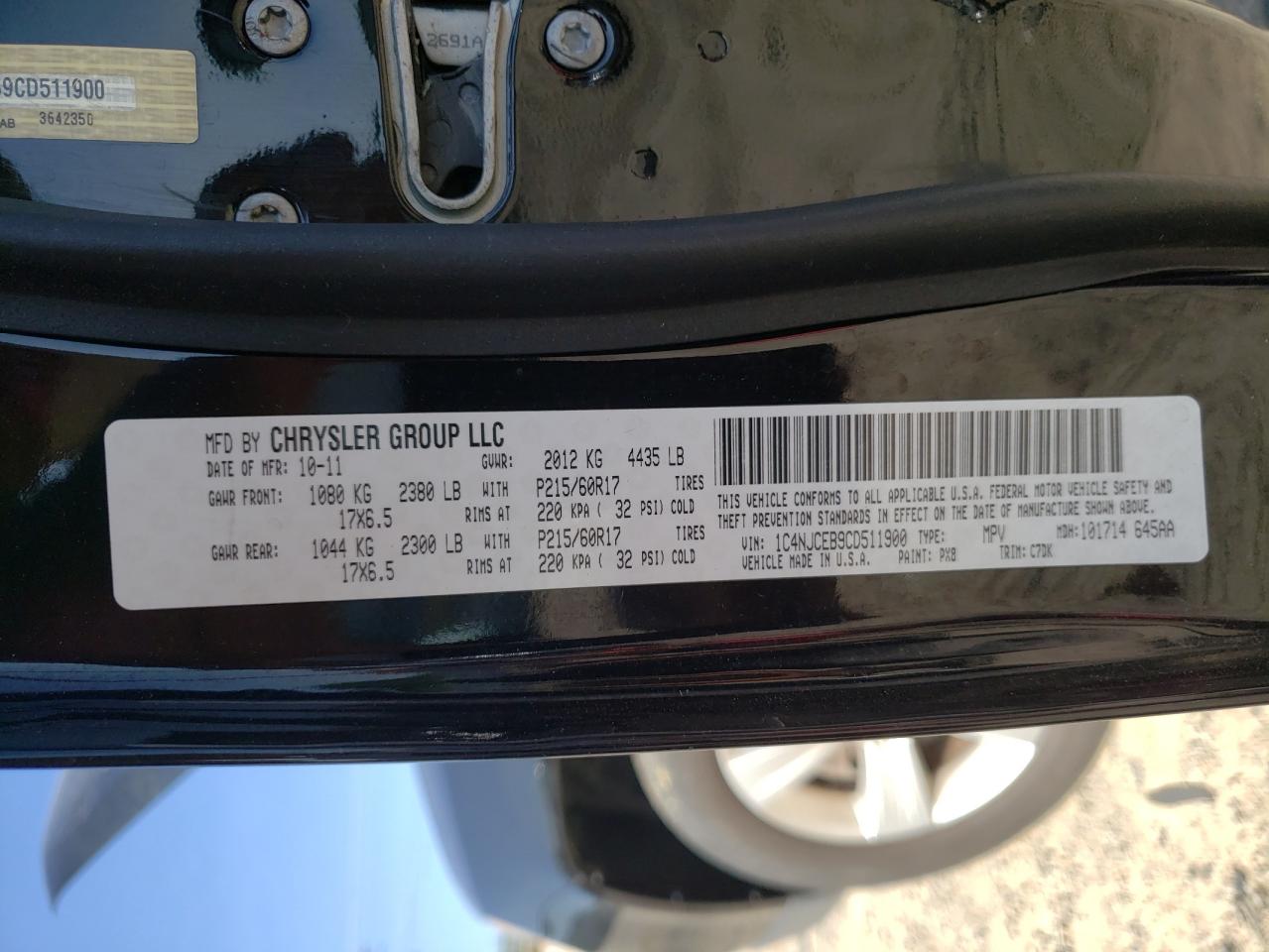 Photo 10 from auction – 2012 JEEP COMPASS LA with VIN 1C4NJCEB9CD511900