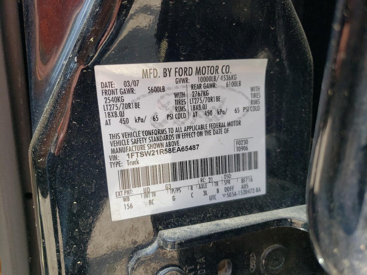 Photo 10 from auction – 2008 FORD F250 SUPER with VIN 1FTSW21R58EA65487