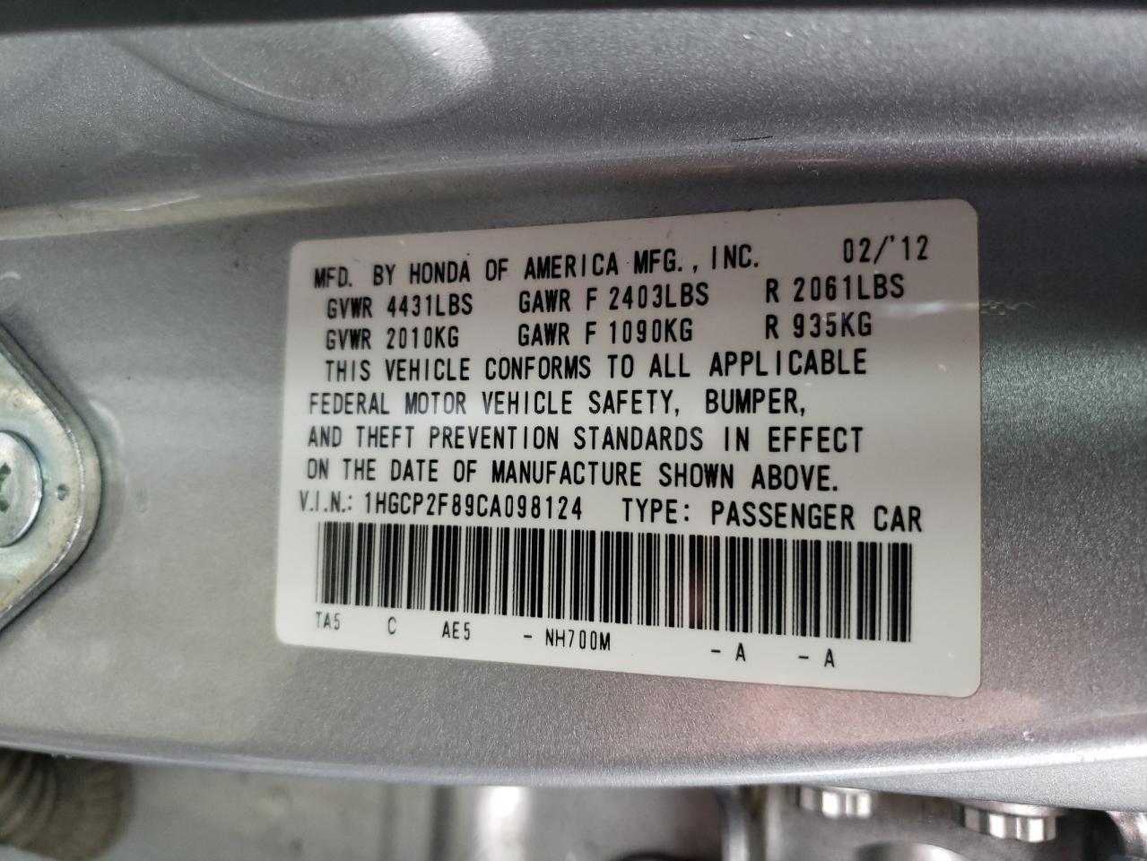 Photo 10 from auction – 2012 HONDA ACCORD EXL with VIN 1HGCP2F89CA098124