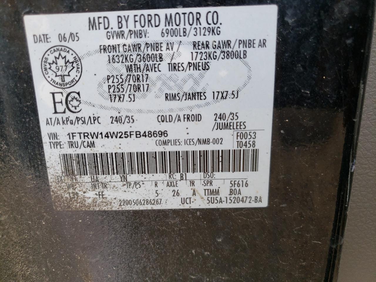 Photo 10 from auction – 2005 FORD F150 SUPER with VIN 1FTRW14W25FB48696