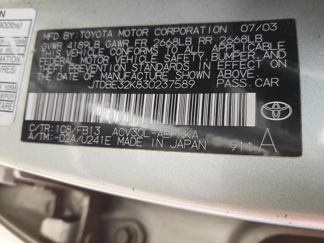 Photo 10 from auction – 2003 TOYOTA CAMRY LE with VIN JTDBE32K830237589
